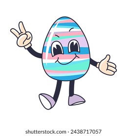 Cartoon happy Easter Groovy egg character. Holiday personage isolated on white background