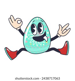 Caricatura feliz Pascua Groovy personaje de huevo. Personaje de vacaciones aislado sobre fondo blanco
