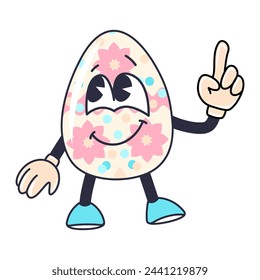 Caricatura feliz Pascua Groovy personaje de huevo. Personaje de vacaciones aislado sobre fondo blanco
