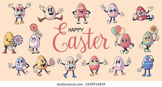 Cartoon happy Easter Groovy eggs set. cute holiday personage