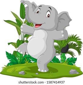 Cartoon happy elephant dancing in the grass