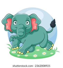 Cartoon happy elephant in the grass