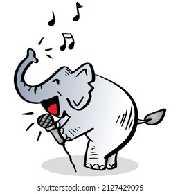 Cartoon happy elephant sings in karaoke. Animal cartoon character.