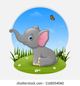 Cartoon happy elephant sitting on the grass