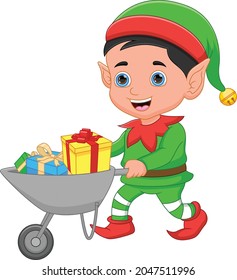 cartoon happy elf brings gifts