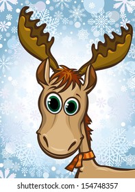 Cartoon happy elk on a winter snow background.