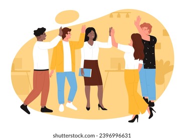 Cartoon happy employees group with hands up showing pose of success achievement and triumph, unity of young cheerful colleagues. Business team people celebrate victory together vector illustration
