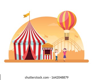 cartoon happy eomrn and fair tent and ticket both over white background, colorful design, vector illustration