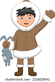 cartoon happy Eskimo boy holding rabbit