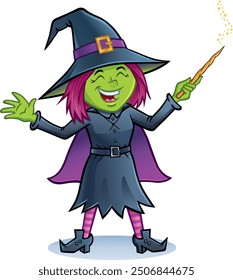 Caricatura de una bruja verde de aspecto joven feliz y emocionado para Halloween con una capa y sosteniendo una varita mágica.