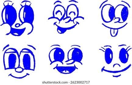 Cartoon Happy Face Character Crayon Chalk Drawing Vector Set