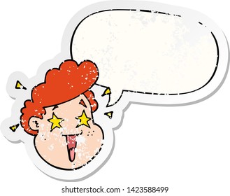 cartoon happy face with speech bubble distressed distressed old sticker