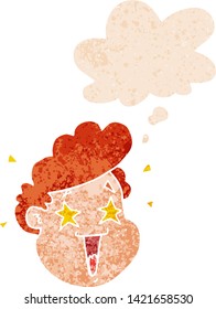 cartoon happy face with thought bubble in grunge distressed retro textured style