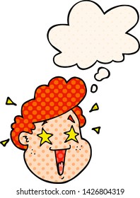 caricatura cara feliz con burbuja de pensamiento en el estilo de un libro de historietas