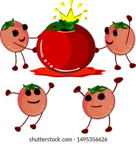 Cartoon happy face tomato, Tomatoes with crown, fresh food, illustration, vector