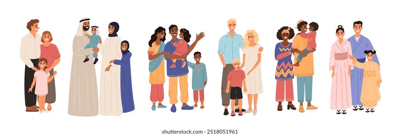 Cartoon happy families. Different nationalities people. Children standing together with parents. Indian couple. Africans group. Scandinavian ethnicity. European persons