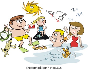Cartoon of happy family at beach swimming and snorkeling.