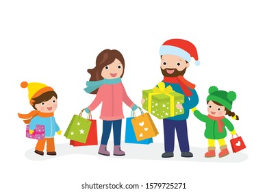Cartoon happy family before christmas holiday. Parents and cute children with shopping bags, gifts. People characters holding presents isolated on white background. Flat vector illustration