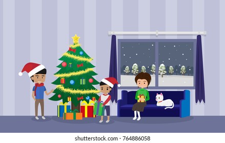 cartoon happy family with cat  preparing a Christmas party at home. vector