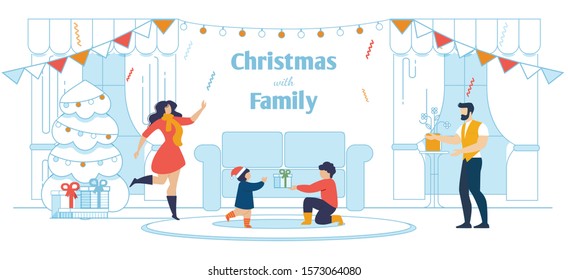 Cartoon Happy Family Celebrating Christmas at Home. Father, Mother and Children in Decorated Living Room with Xmas Fir Tree Spruce. Flat Greeting Poster, Invitation Banner. Vector Illustration