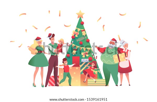 Cartoon Happy Family Celebrating Christmas Together Stock Vector ...