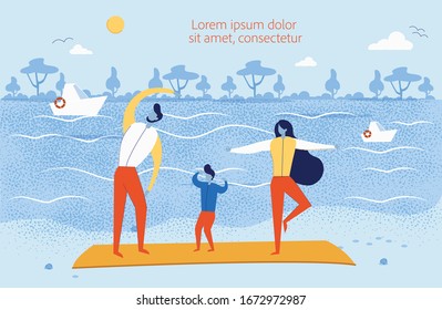 Cartoon Happy Family with Child Warming Up on River Bend. Father, Mother and Son Doing Physical Exercise on Sea Coast. Outdoors Sport, Active Recreation. Healthy Lifestyle. Vector Flat Illustration