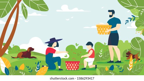 Cartoon Happy Family with Children Characters Picking Forest Berries Harvest. Relatives Rest on Nature. Father, Mother, Little Son Child and Outdoors Recreation. Weekend, Vacation. Vector Illustration