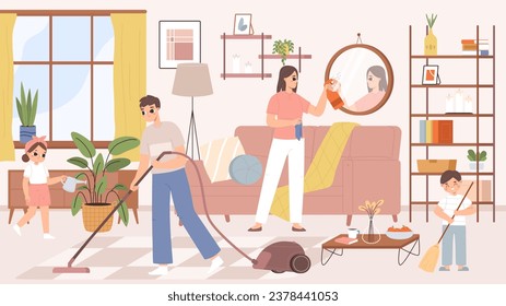 Caricatura feliz familia limpia casa, padres e hijos limpiando sala de estar. Adultos y niños haciendo juntas las tareas domésticas estacionales, escena vectorial suave