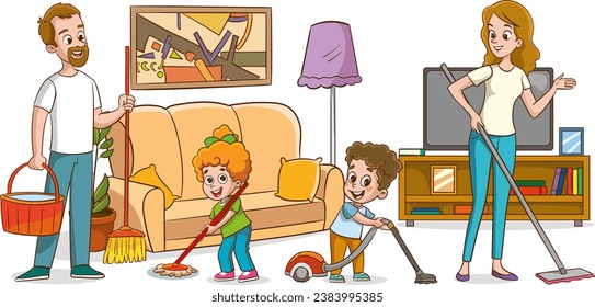 Cartoon happy family clean home, parents and children cleaning living room. Adults and kids doing seasonal housework together, snugly vector scene