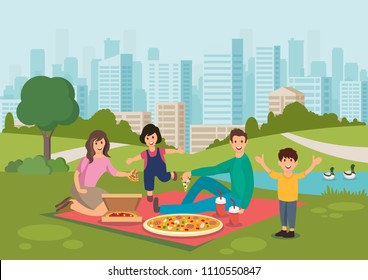 Cartoon happy family eat pizza on picnic in park. Family leisure outdoor. Vector illustration. Clipart. Flat style.