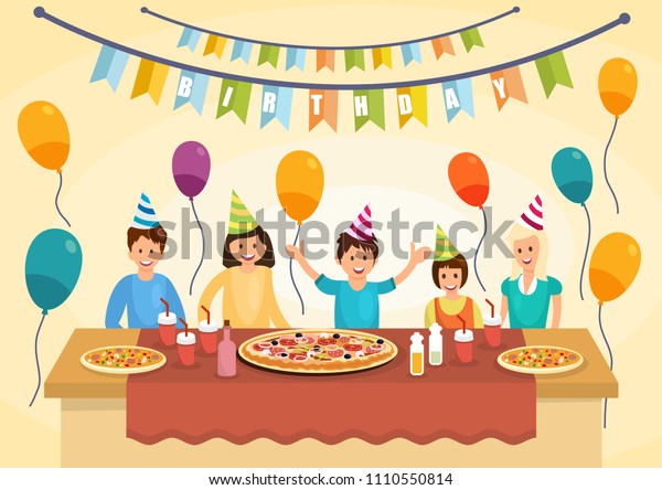 Cartoon Happy Family Eating Pizza Birthday Stock Vector Royalty Free