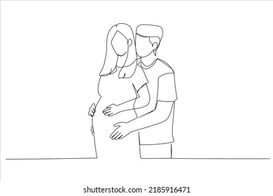 Cartoon of happy family expecting baby. Single continuous line art style
