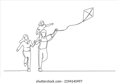 Cartoon of happy family father of mother and child daughter launch a kite on nature. Single continuous line art style
