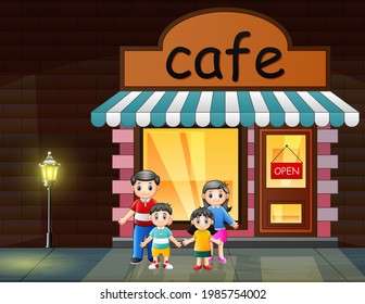 Cartoon happy family in front the cafe