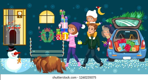 Cartoon happy family going home with presents
