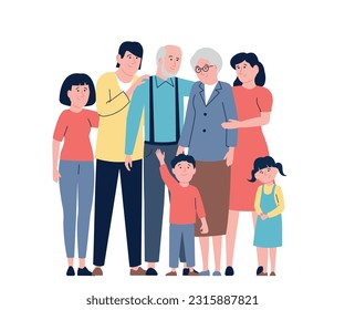 Cartoon happy family, grandma grandpa and kid. Generations stand together, happy grandparents, parents and children. Flat recent vector characters