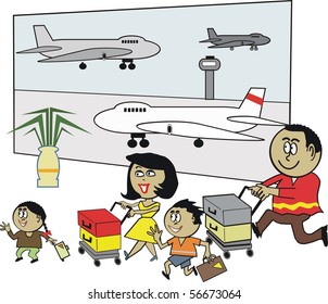 Cartoon of happy family group at airport terminal