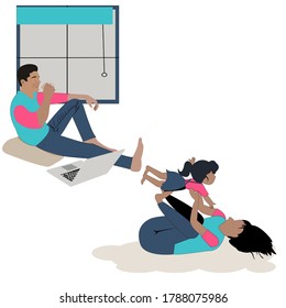 Cartoon happy family has a father sitting, sipping coffee with laptop place nearly. watching his wife and daughter playing, flying together with the daughter wearing dungaree, idea for stay  home .