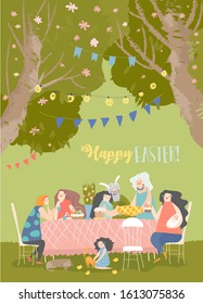 Cartoon happy family having Easter dinner in blossom garden