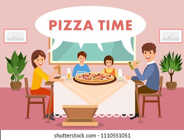 Cartoon happy family is having lunch in restaurant. Pizza time. Fast food lifestyle. Vector illustration. Clipart. Flat style.