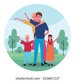 cartoon happy family with kids having fun in the park over white background, colorful design. vector illustration