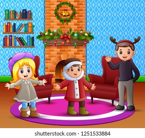 Cartoon of happy family in the living room