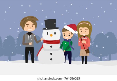 cartoon happy family making a snowman. vector