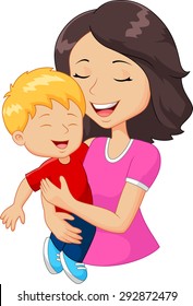 Cartoon happy family mother holding her son 