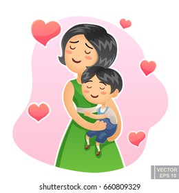 Cartoon happy family mother holding her child Mom care love kid hug