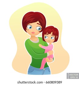 Cartoon happy family mother holding her child Mom care love kid hug