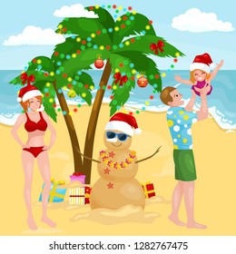 Cartoon happy family on vacation in hot country in new year vacation