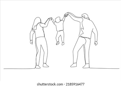 Cartoon of happy family in the park. Parents hold the baby's hands. Single continuous line art style
