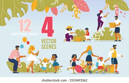 Cartoon Happy Family People Characters. Summer Activities Scenes Set. Parents Congratulating Kids with Holidays. Father, Mother, Children Roller Skating, Harvesting in Garden. Vector Flat Illustration