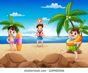 Cartoon of happy family playing on the beach